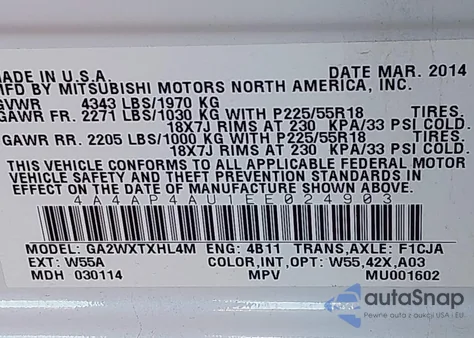 2014 Mitsubishi Outlander Sport Se из США, поврежденный, VIN 4A4AP4AU1EE024903